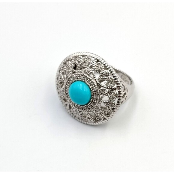 Elizabeth Adams Sterling Silver 925 Turquoise Diamond Accents Ornate Ring Sz 8